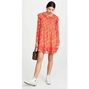 FREE PEOPLE Size S Orange Cream Floral Soft Long Sleeve Mini Swing Dress Women's
